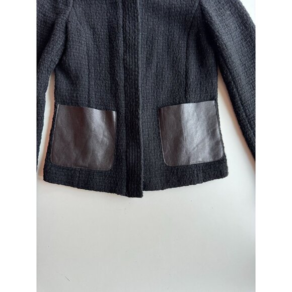 VINCE Black Wool Boucle Knit Lamb Leather Minimalist Collarless Jacket, Size 2 - Picture 7 of 14